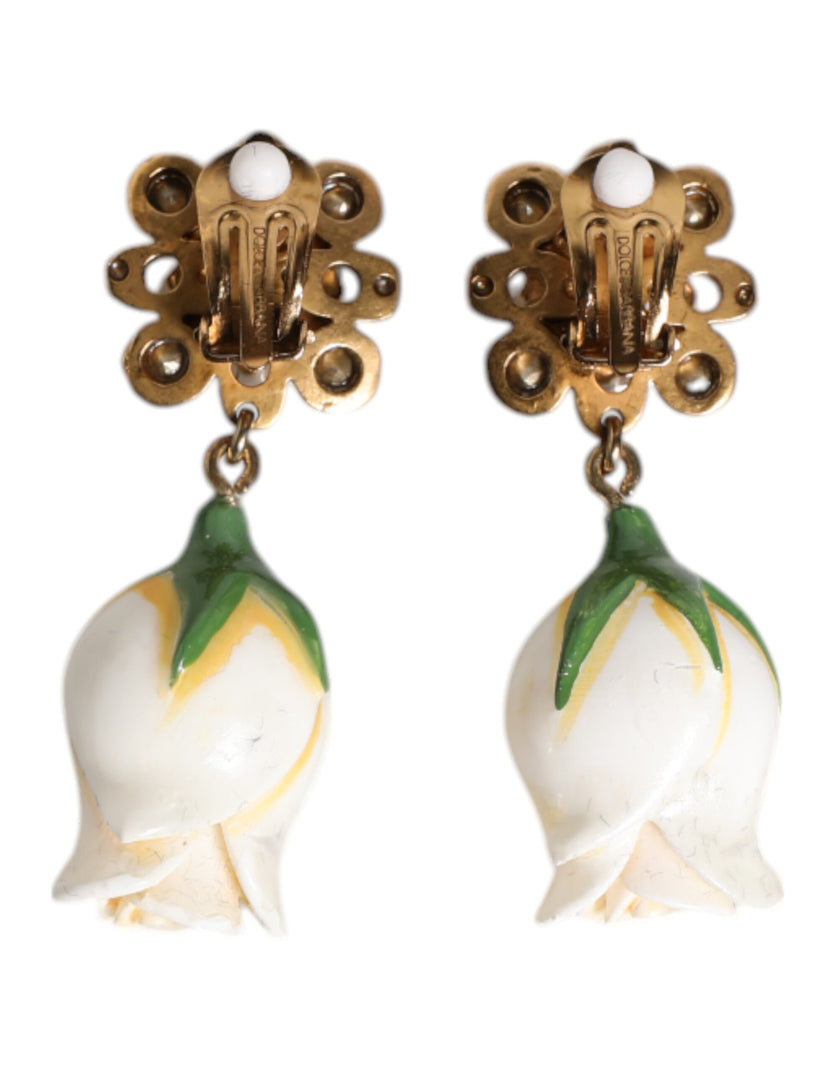 Dolce & Gabbana Brass White Flower Bloom Crystal Clip Dangling Earrings