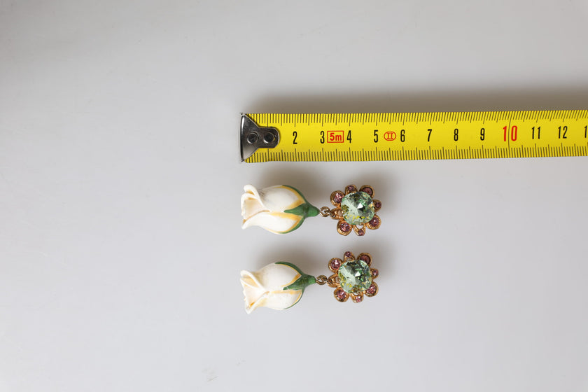 Dolce & Gabbana Brass White Flower Bloom Crystal Clip Dangling Earrings