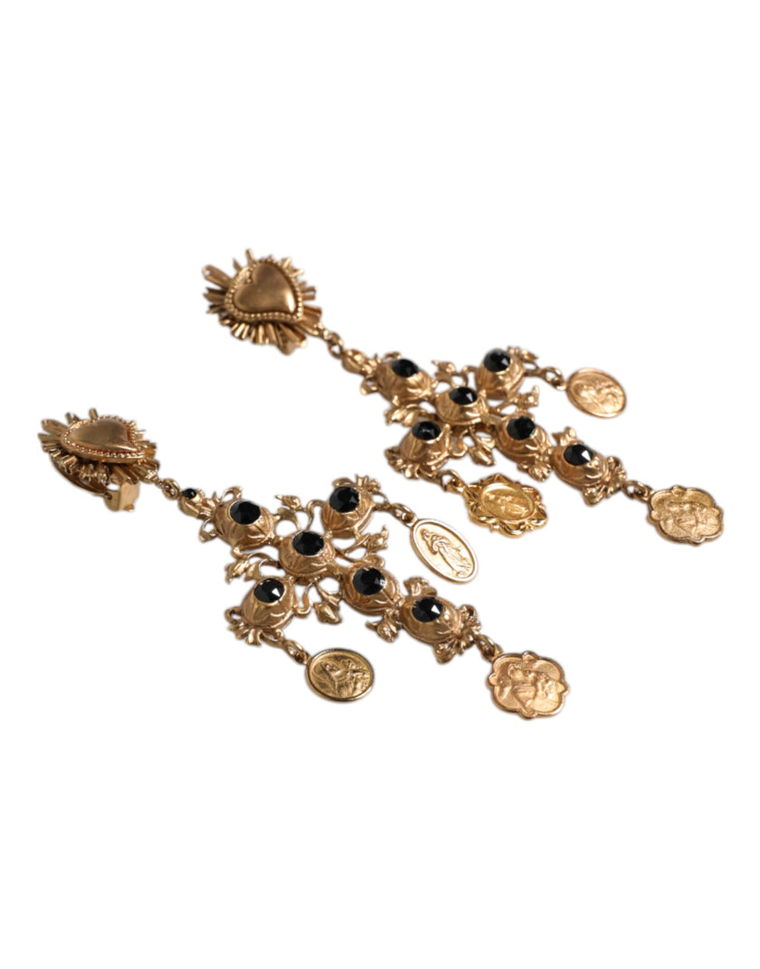 Dolce & Gabbana Gold Black Crystal Cross Sacred Heart Dangling Earrings