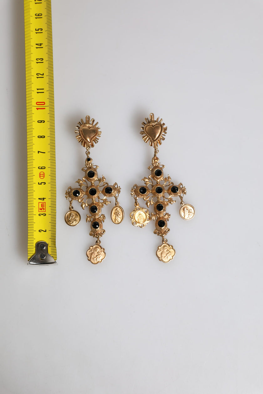Dolce & Gabbana Gold Black Crystal Cross Sacred Heart Dangling Earrings
