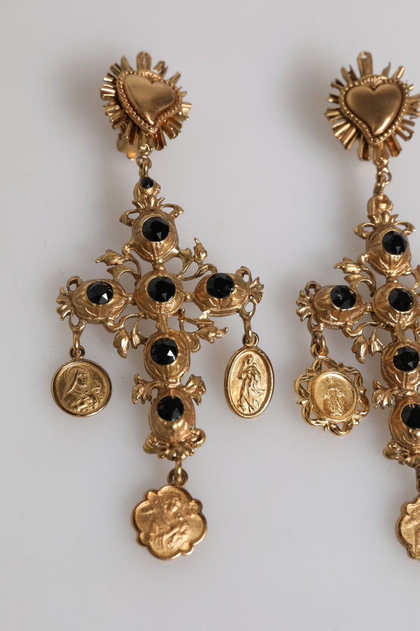 Dolce & Gabbana Gold Black Crystal Cross Sacred Heart Dangling Earrings