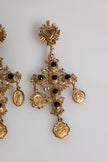 Dolce & Gabbana Gold Black Crystal Cross Sacred Heart Dangling Earrings