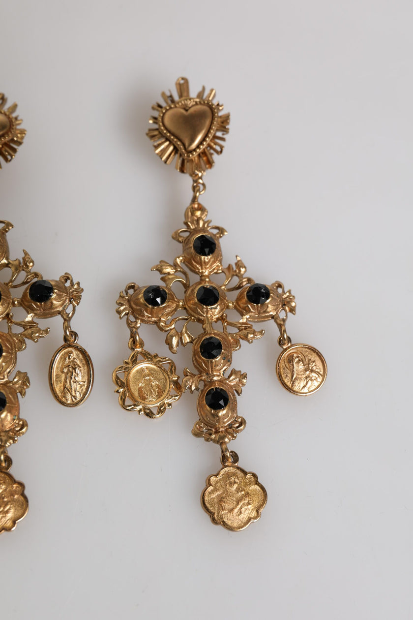 Dolce & Gabbana Gold Black Crystal Cross Sacred Heart Dangling Earrings
