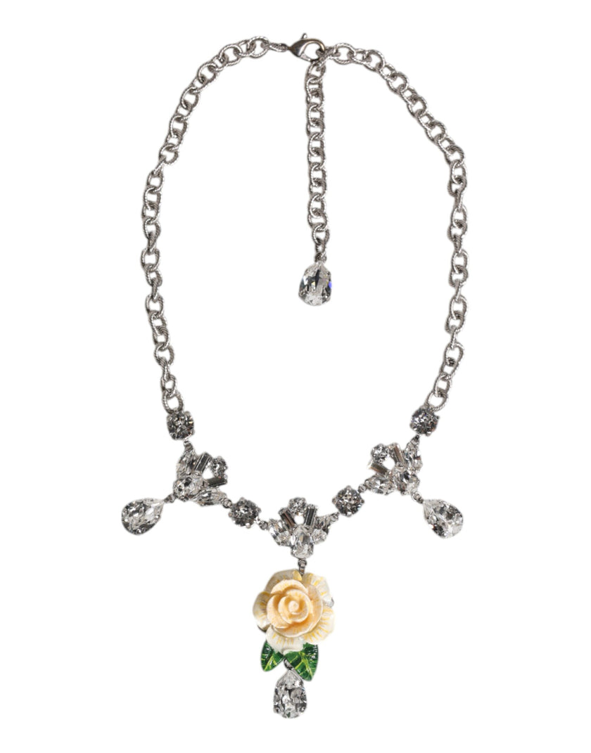 Dolce & Gabbana Silver Tone Brass Clear Crystal Roses Pendants Necklace