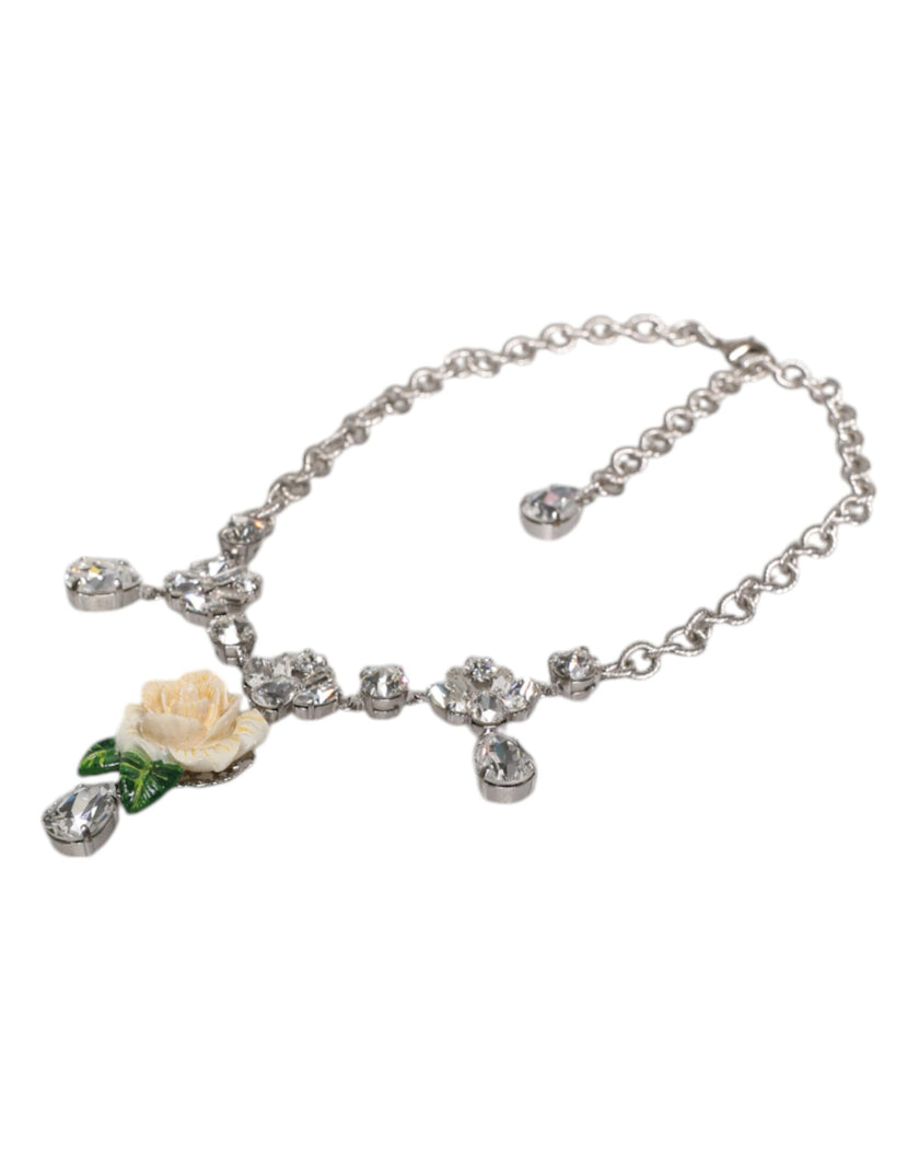 Dolce & Gabbana Silver Tone Brass Clear Crystal Roses Pendants Necklace
