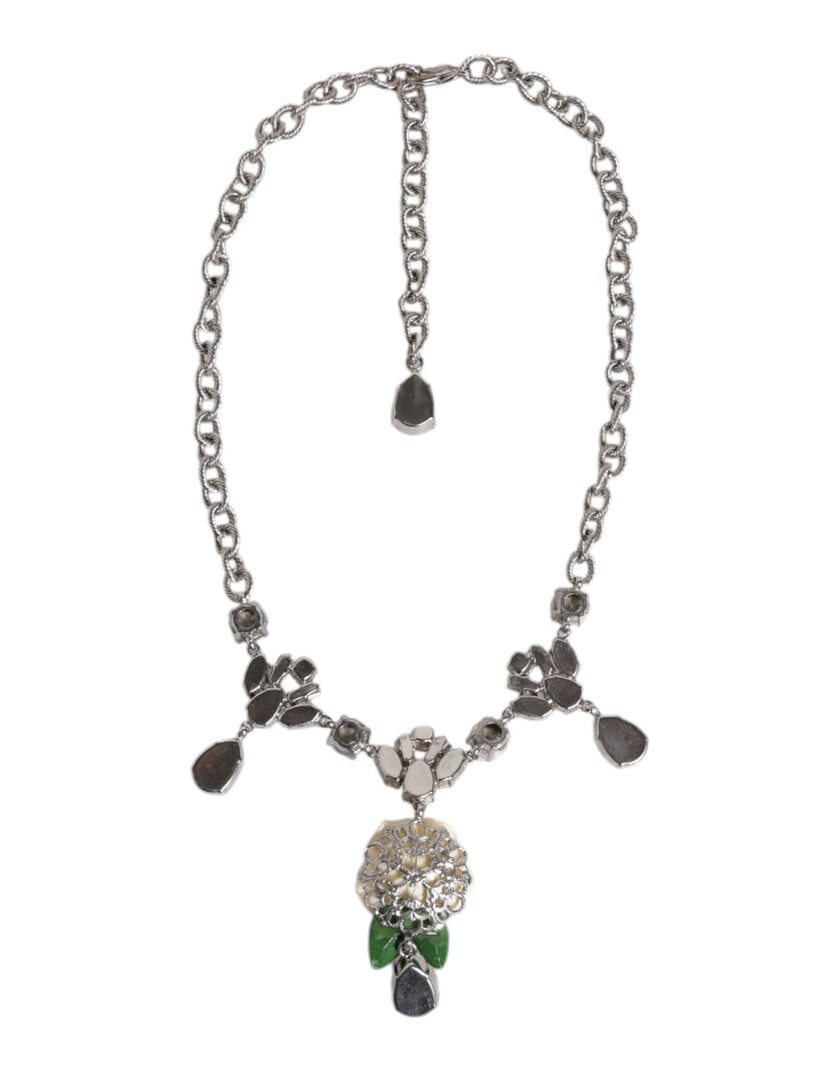 Dolce & Gabbana Silver Tone Brass Clear Crystal Roses Pendants Necklace