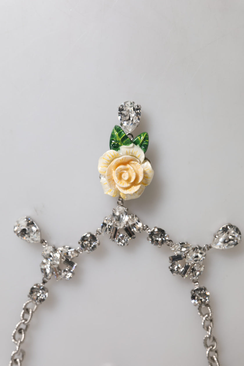 Dolce & Gabbana Silver Tone Brass Clear Crystal Roses Pendants Necklace
