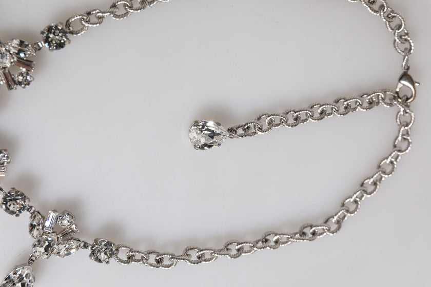 Dolce & Gabbana Silver Tone Brass Clear Crystal Roses Pendants Necklace