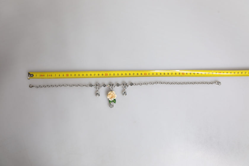 Dolce & Gabbana Silver Tone Brass Clear Crystal Roses Pendants Necklace