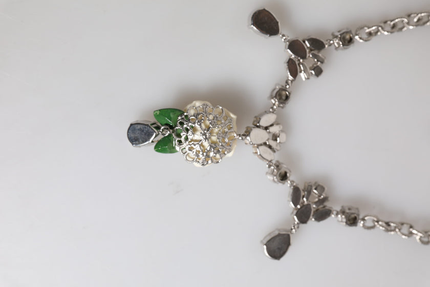 Dolce & Gabbana Silver Tone Brass Clear Crystal Roses Pendants Necklace