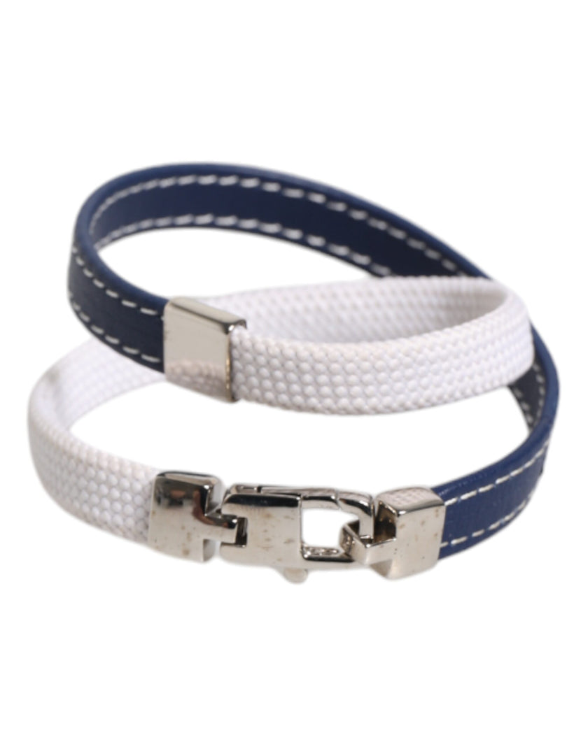 Dolce & Gabbana Blue White Leather Trimmed DG Engraved Silver Tone Clasp Bracelet