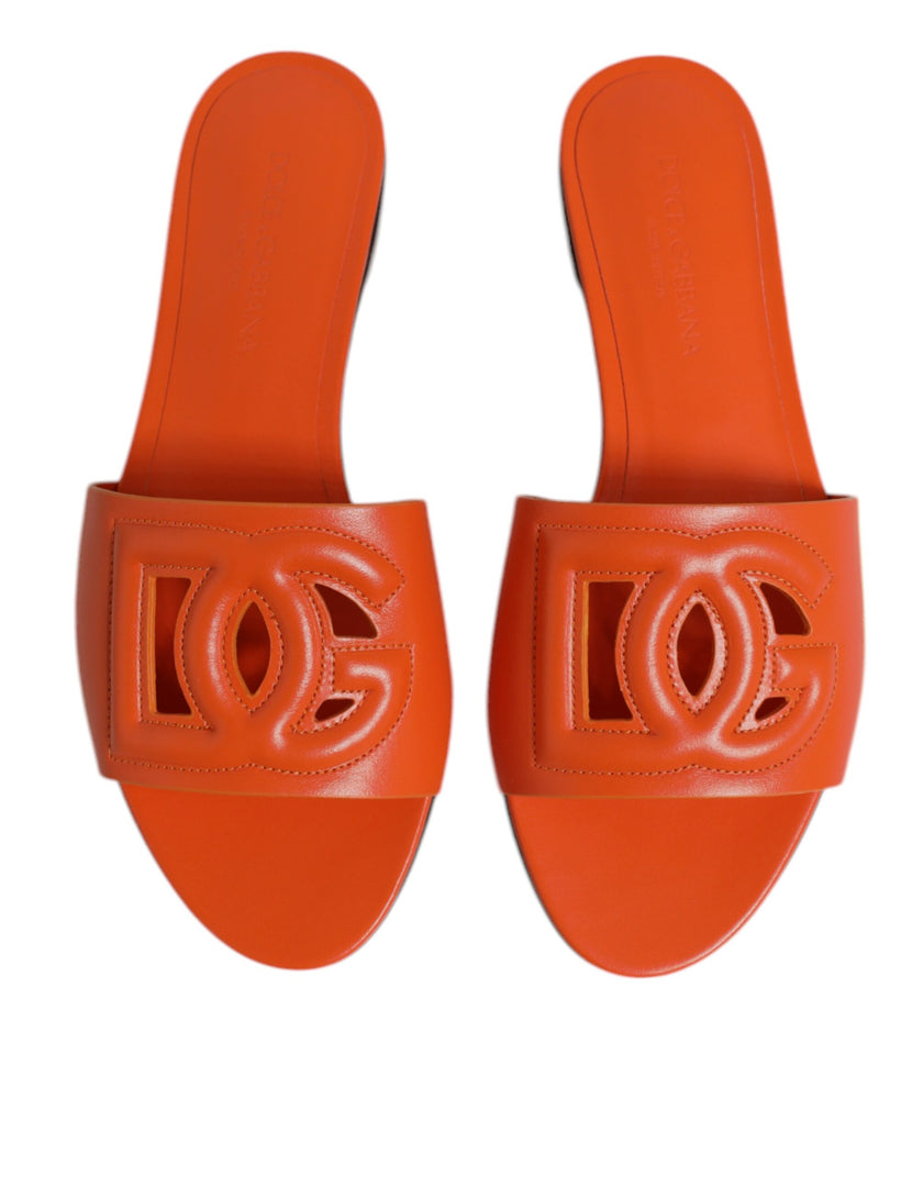 Dolce & Gabbana Orange Leather Logo Flats Sandals Shoes