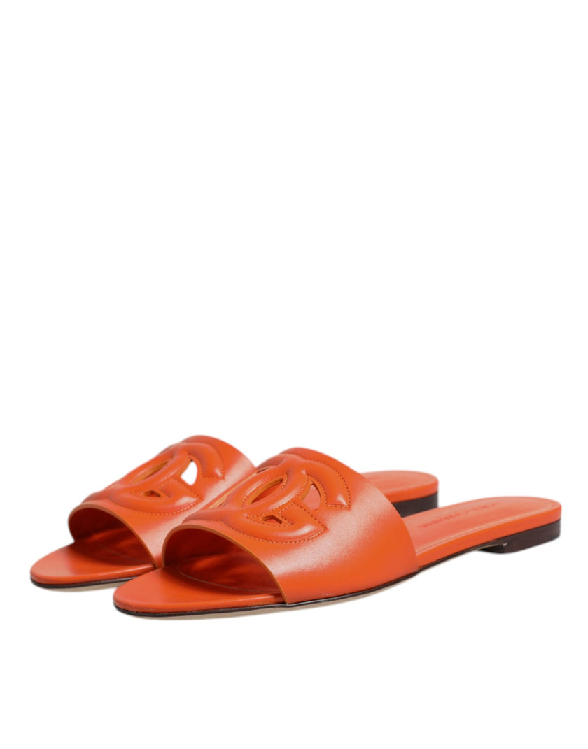 Dolce & Gabbana Orange Leather Logo Flats Sandals Shoes