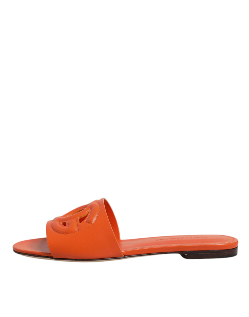 Dolce & Gabbana Orange Leather Logo Flats Sandals Shoes