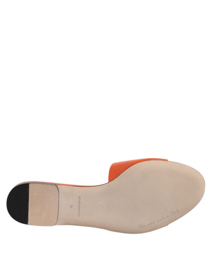Dolce & Gabbana Orange Leather Logo Flats Sandals Shoes