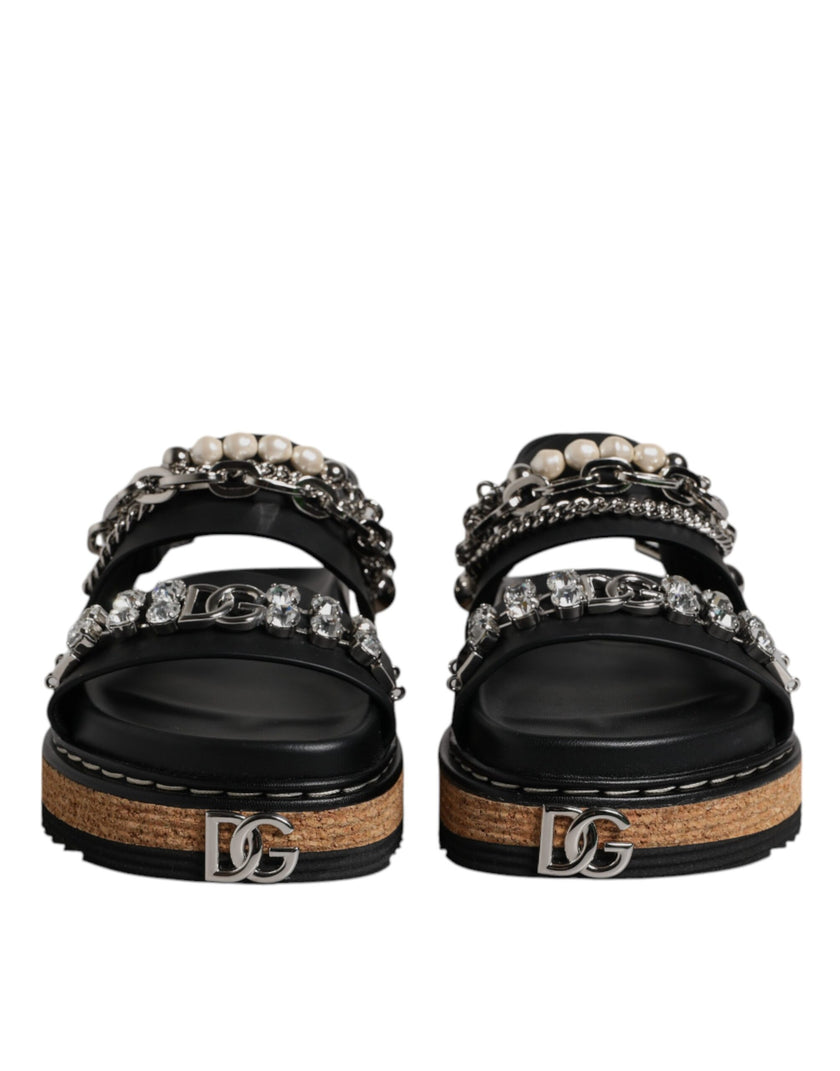 Dolce & Gabbana Black Crystal Embellish Strap Sandals Shoes