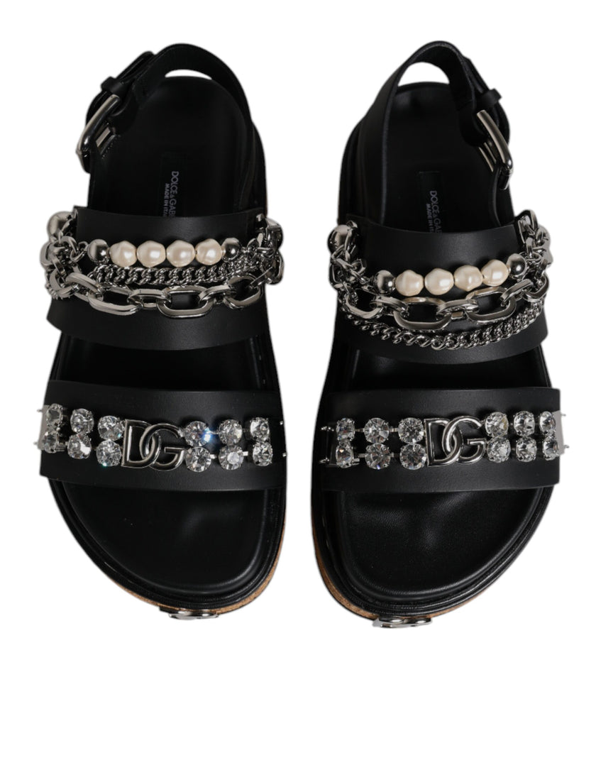 Dolce & Gabbana Black Crystal Embellish Strap Sandals Shoes