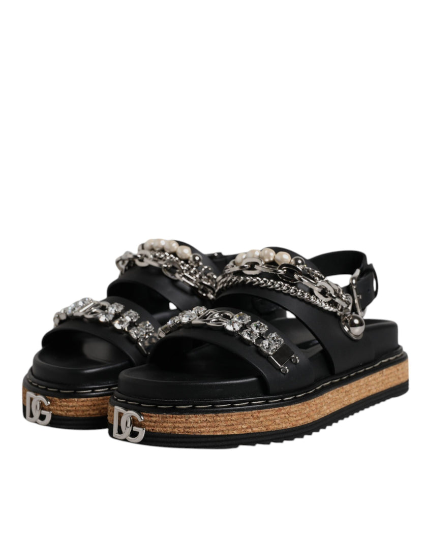 Dolce & Gabbana Black Crystal Embellish Strap Sandals Shoes
