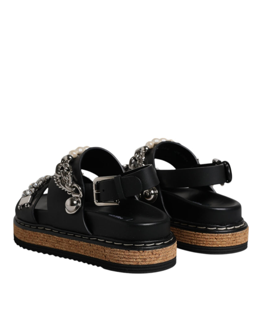 Dolce & Gabbana Black Crystal Embellish Strap Sandals Shoes