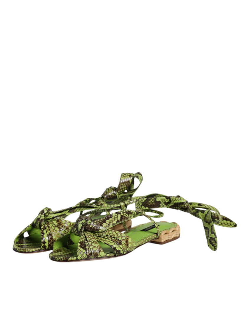 Dolce & Gabbana Green Animal Print Ankle Wrap Sandals Shoes