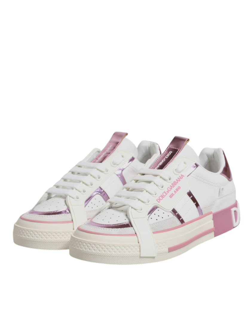 Dolce & Gabbana White Pink Leather Low Top Sneakers Shoes