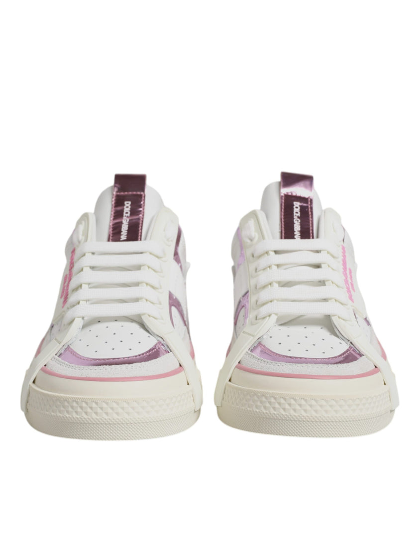 Dolce & Gabbana White Pink Leather Low Top Sneakers Shoes