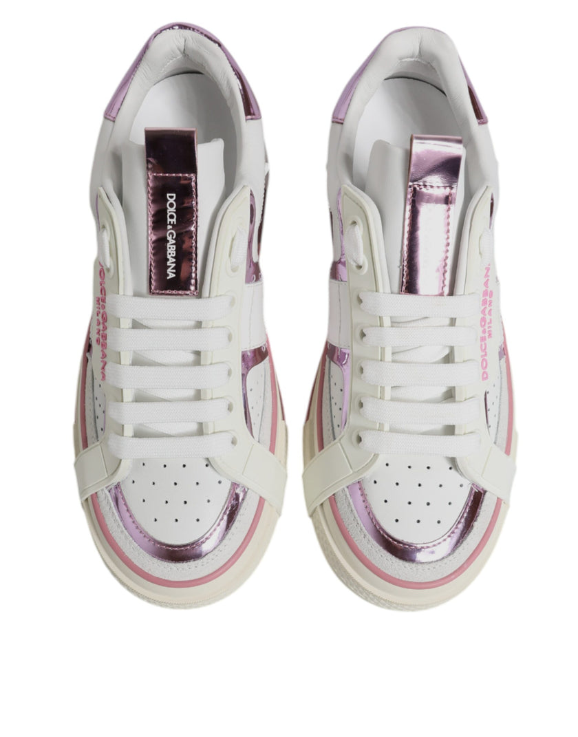 Dolce & Gabbana White Pink Leather Low Top Sneakers Shoes