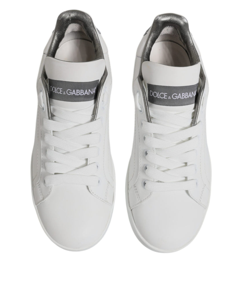 Dolce & Gabbana White Gray Leather Low Top Sneakers Shoes