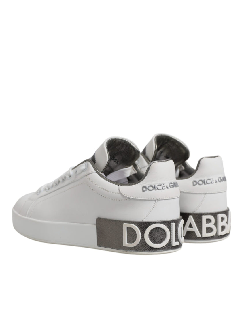 Dolce & Gabbana White Gray Leather Low Top Sneakers Shoes