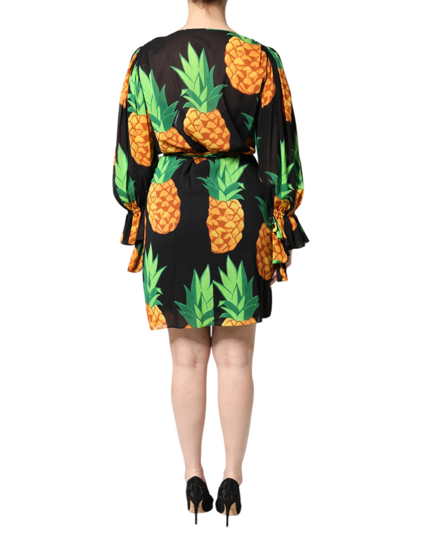 Dolce & Gabbana Black Silk Pineapple Draped Print Wrap Dress