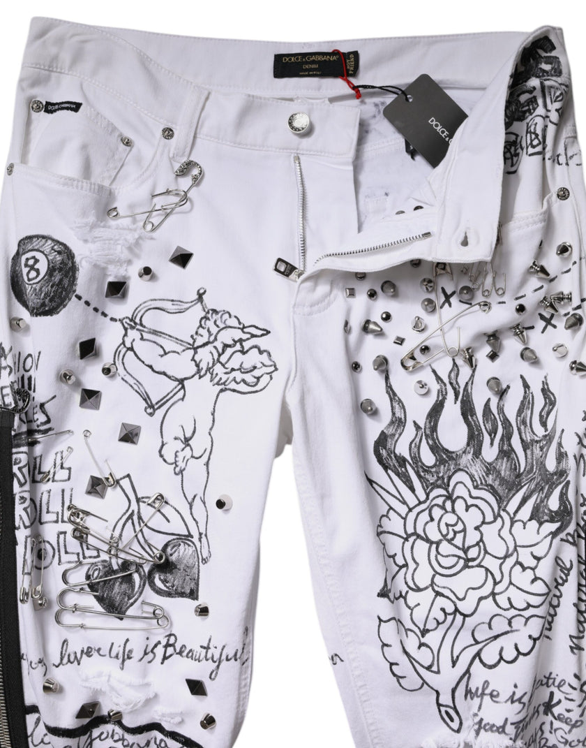 Dolce & Gabbana White Printed Embellished Skinny Denim Jeans