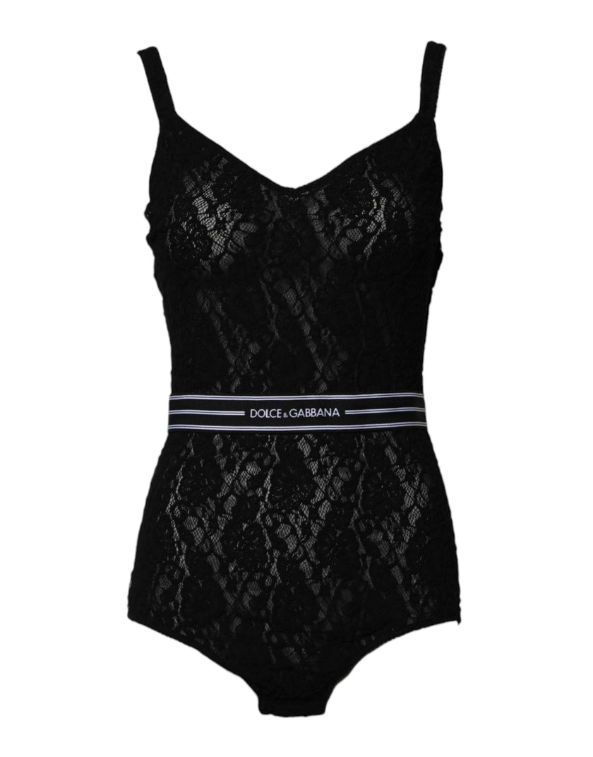 Dolce & Gabbana Black Lace Branded Elastic Lingerie Bodysuit Underwear