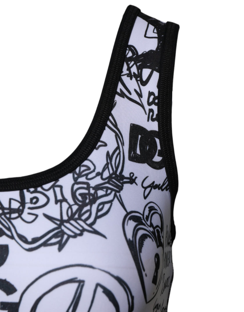 Dolce & Gabbana White Graffiti Print Logo Band Sports Bra Top