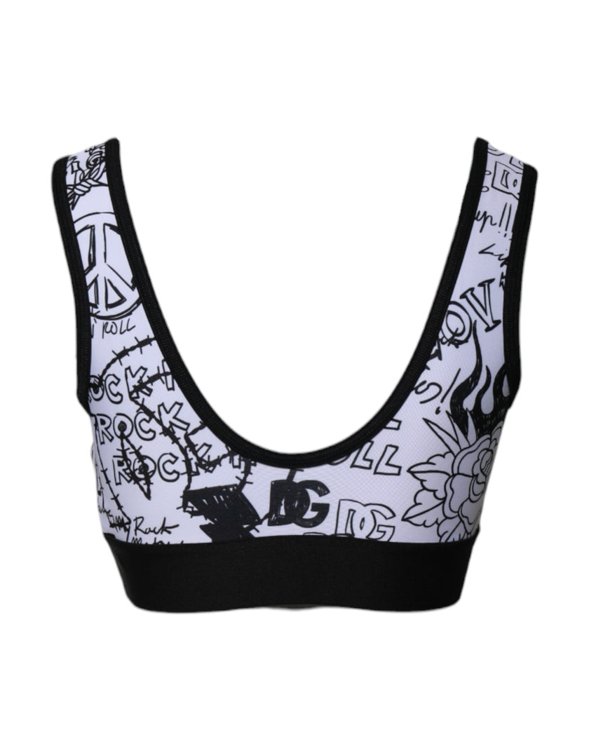 Dolce & Gabbana White Graffiti Print Logo Band Sports Bra Top