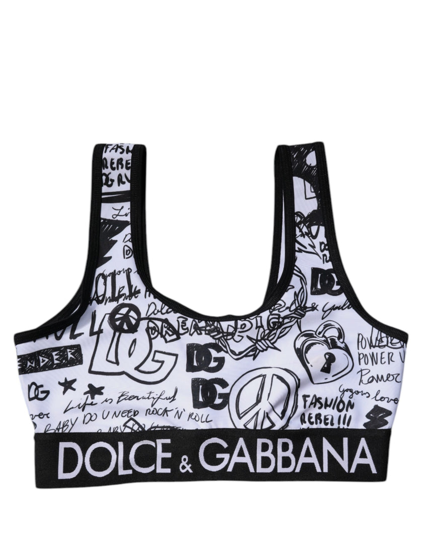 Dolce & Gabbana White Graffiti Print Logo Band Sports Bra Top