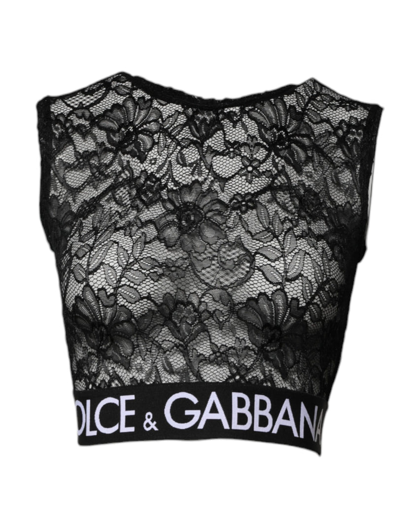 Dolce & Gabbana Black Nylon Floral Lace Sleeveless Crop Top