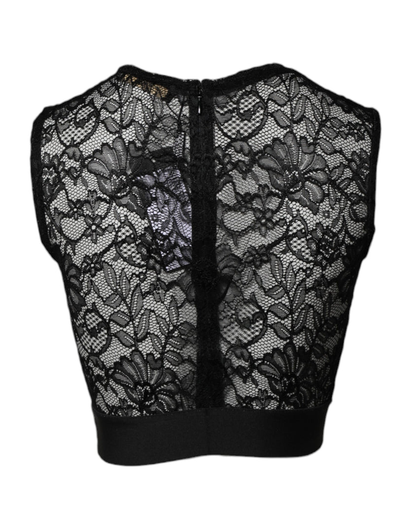 Dolce & Gabbana Black Nylon Floral Lace Sleeveless Crop Top