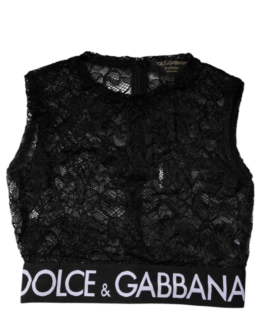 Dolce & Gabbana Black Nylon Floral Lace Sleeveless Crop Top