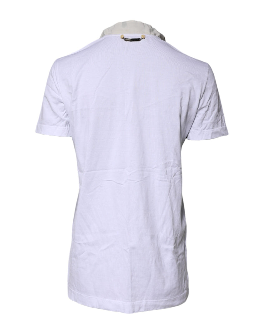 Dolce & Gabbana White Cotton Silk Blend Ascot Collar T-shirt