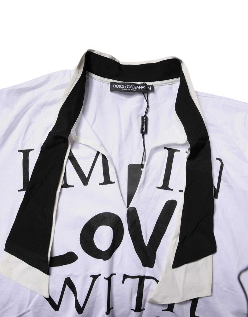 Dolce & Gabbana White Cotton Silk Blend Ascot Collar T-shirt