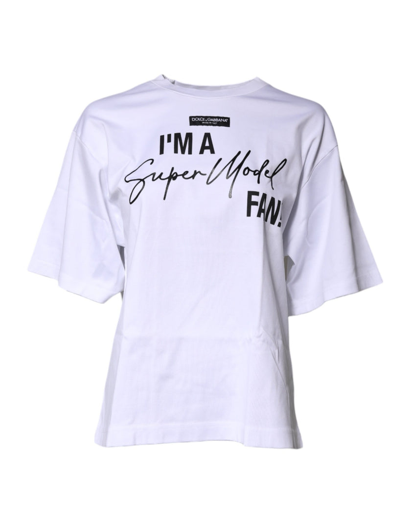 Dolce & Gabbana White Printed Cotton Round Neck Top T-shirt
