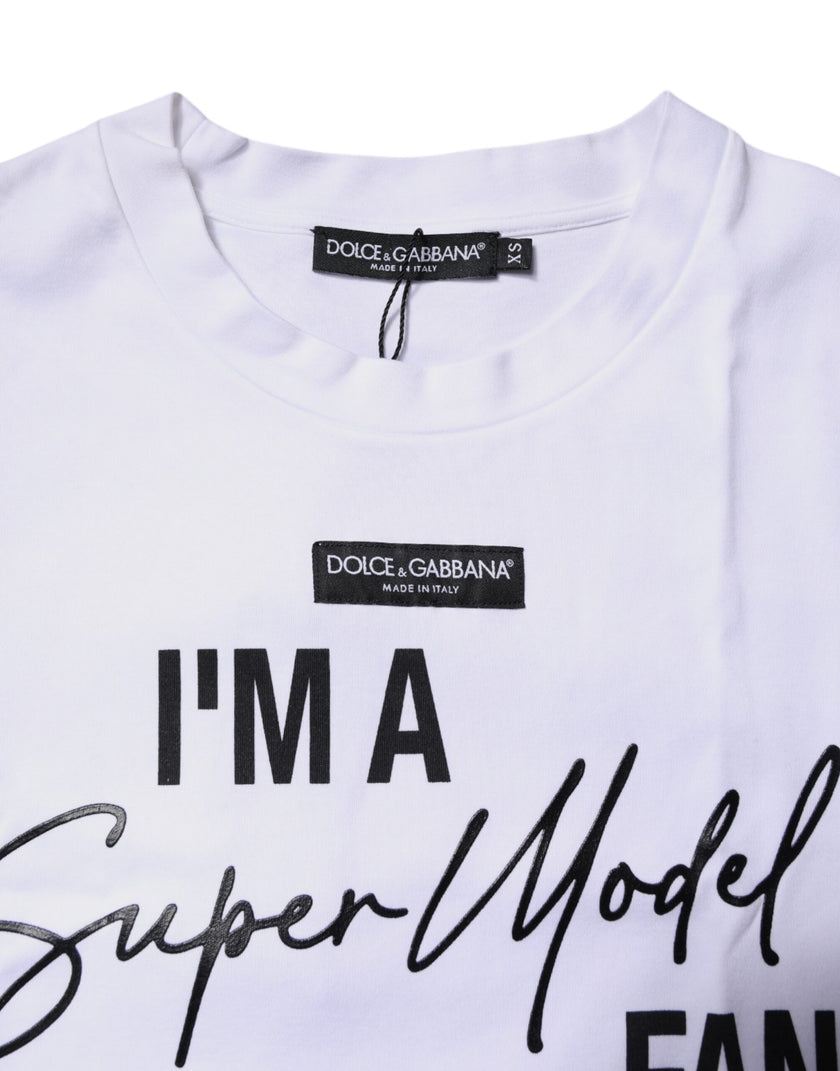 Dolce & Gabbana White Printed Cotton Round Neck Top T-shirt