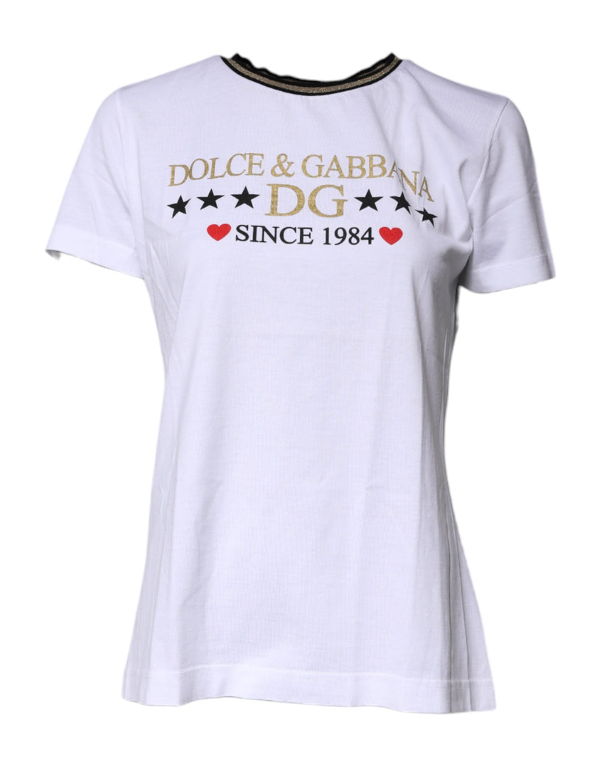 Dolce & Gabbana White Printed Round Neck Top Cotton T-shirt