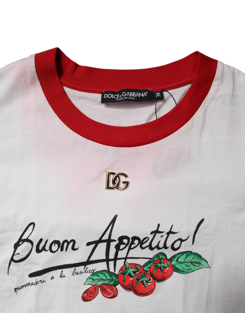 Dolce & Gabbana White Printed Round Neck Cropped Top T-shirt