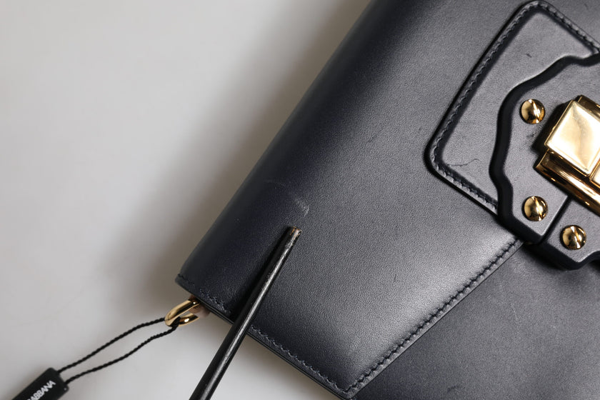 Dolce & Gabbana Black Leather Logo Gold Crossbody Purse Bag