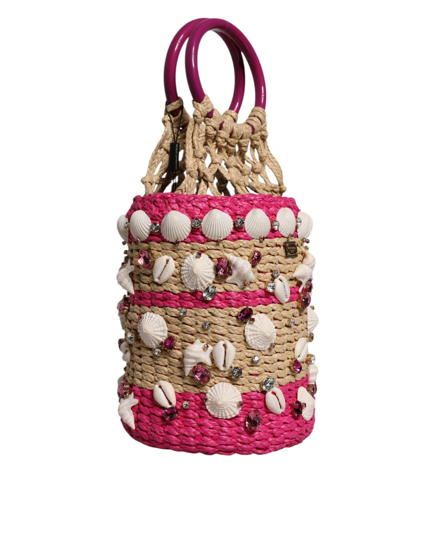 Dolce & Gabbana Multicolor Bucket Raffia Seashells Crystals Handbag Bag
