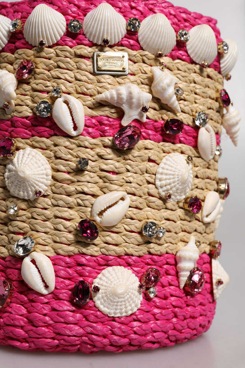 Dolce & Gabbana Multicolor Bucket Raffia Seashells Crystals Handbag Bag