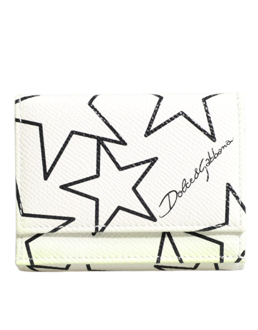 Dolce & Gabbana White Leather Trifold DG Star Print Card Holder Wallet