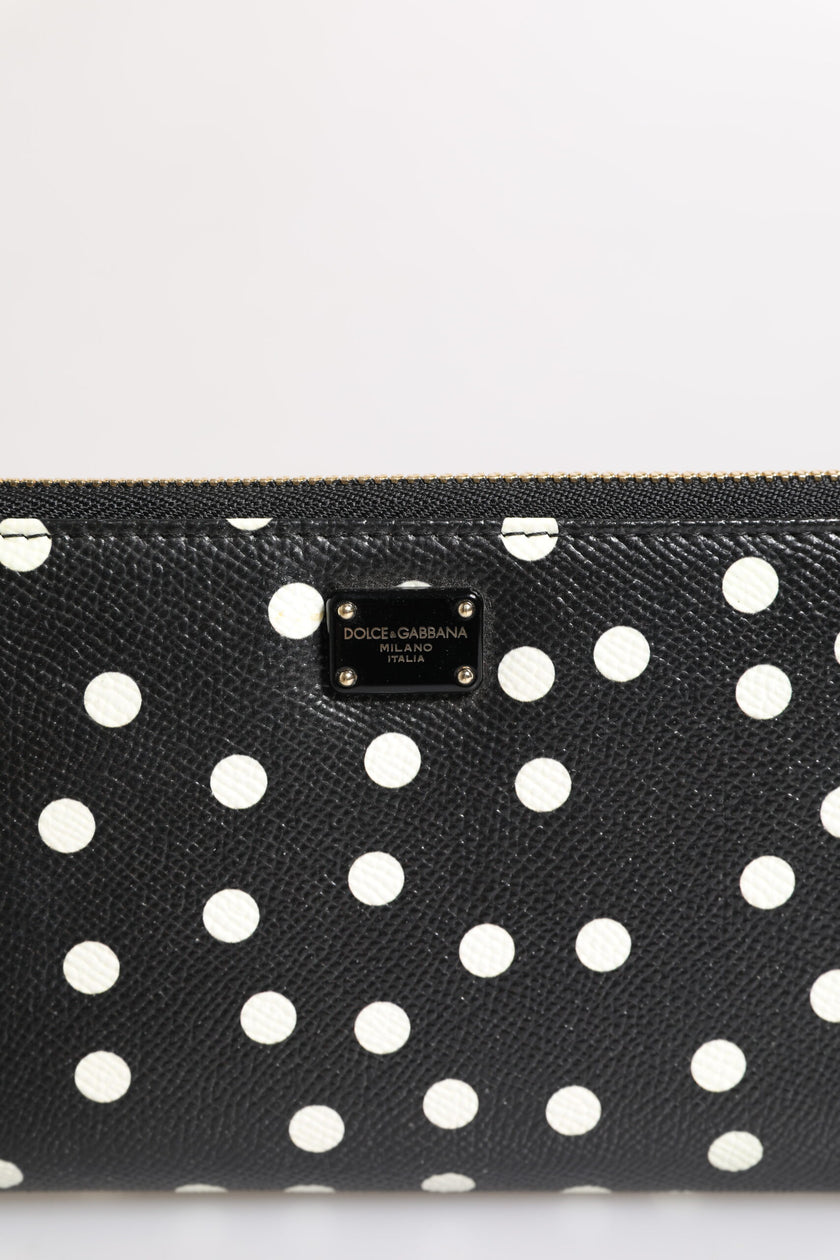 Dolce & Gabbana Black White Dotted Leather Zip Around Continental Wallet