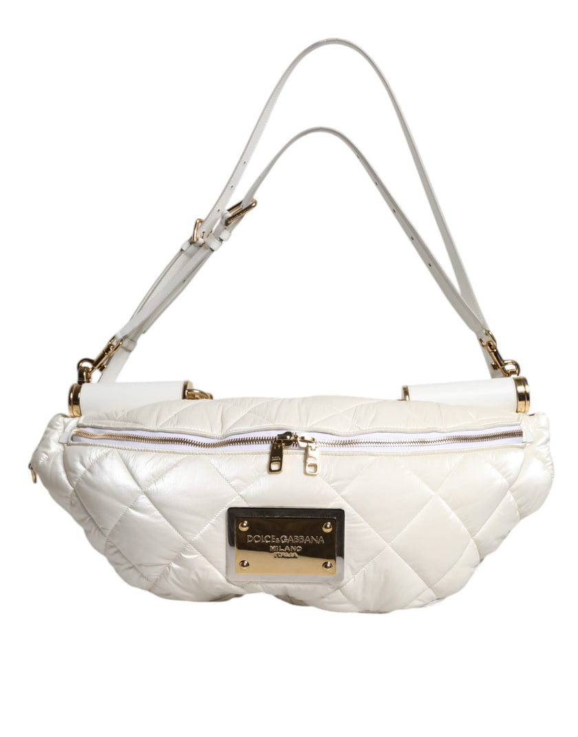 Dolce & Gabbana White Quilted Logo Plaque Belt Waist Fanny Pack Bag